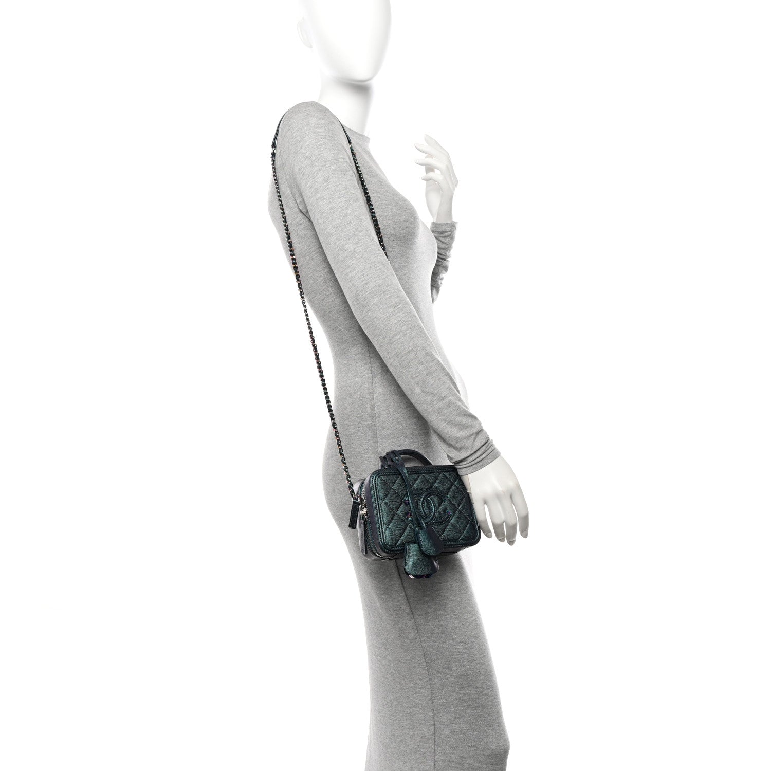 Chanel Iridescent Caviar Quilted Small CC Filigree Vanity Case Dark Turquoise 2 of 11