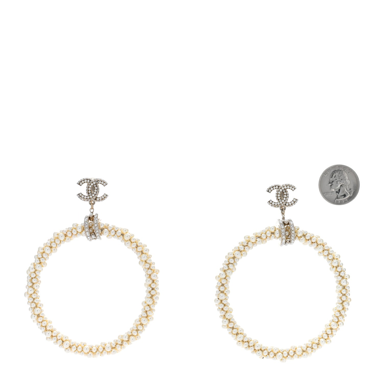 Chanel Crystal Pearl CC Hoop Earrings Gold Pearly White 2 of 5