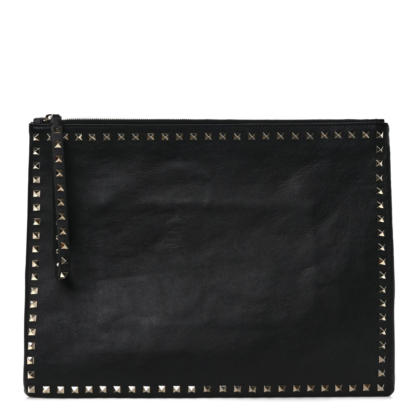 Vitello Oversized Rockstud Zip Wristlet Pouch Black