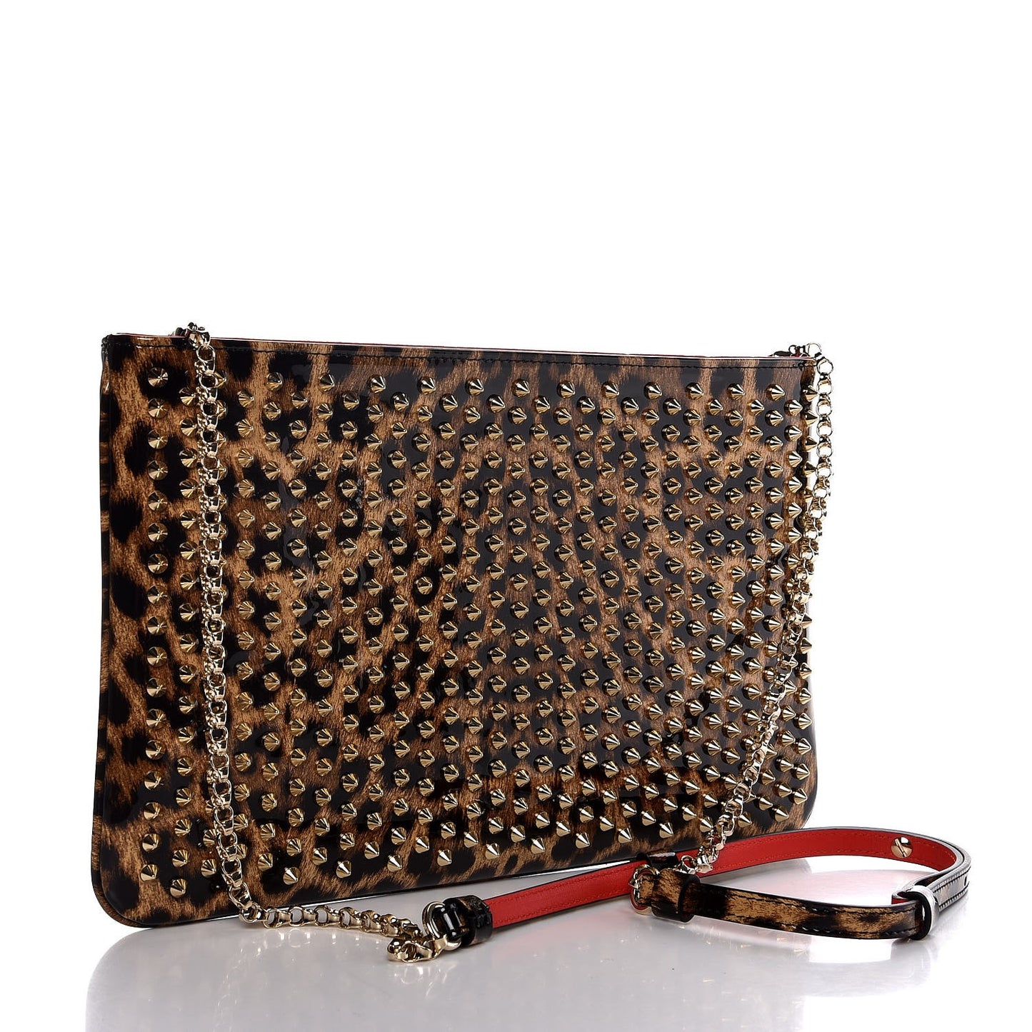 Patent Leopard Print Loubiposh Spiked Crossbody Clutch