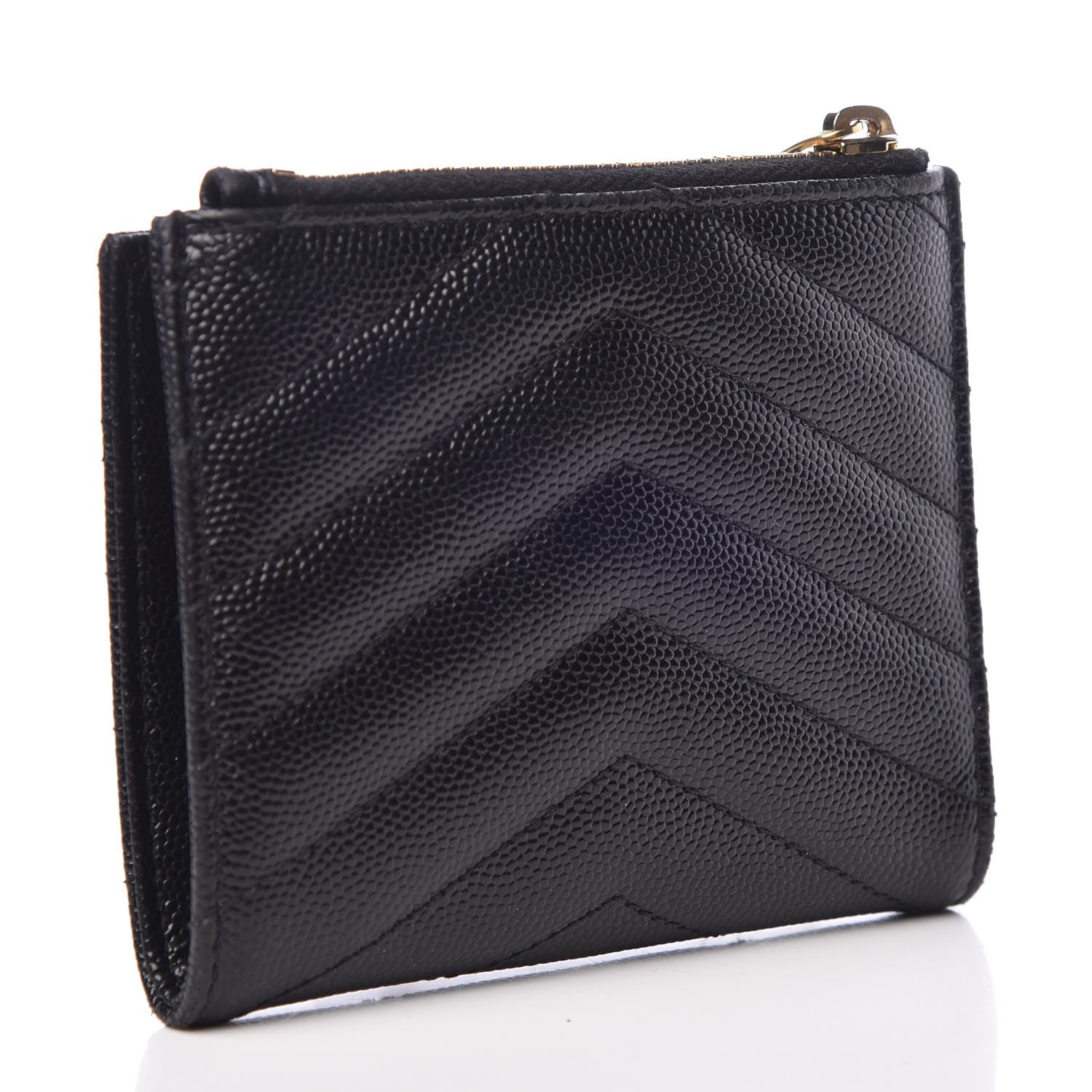 Saint Laurent Grain De Poudre Matelasse Chevron Monogram Zipped Card Case Black 3 of 9