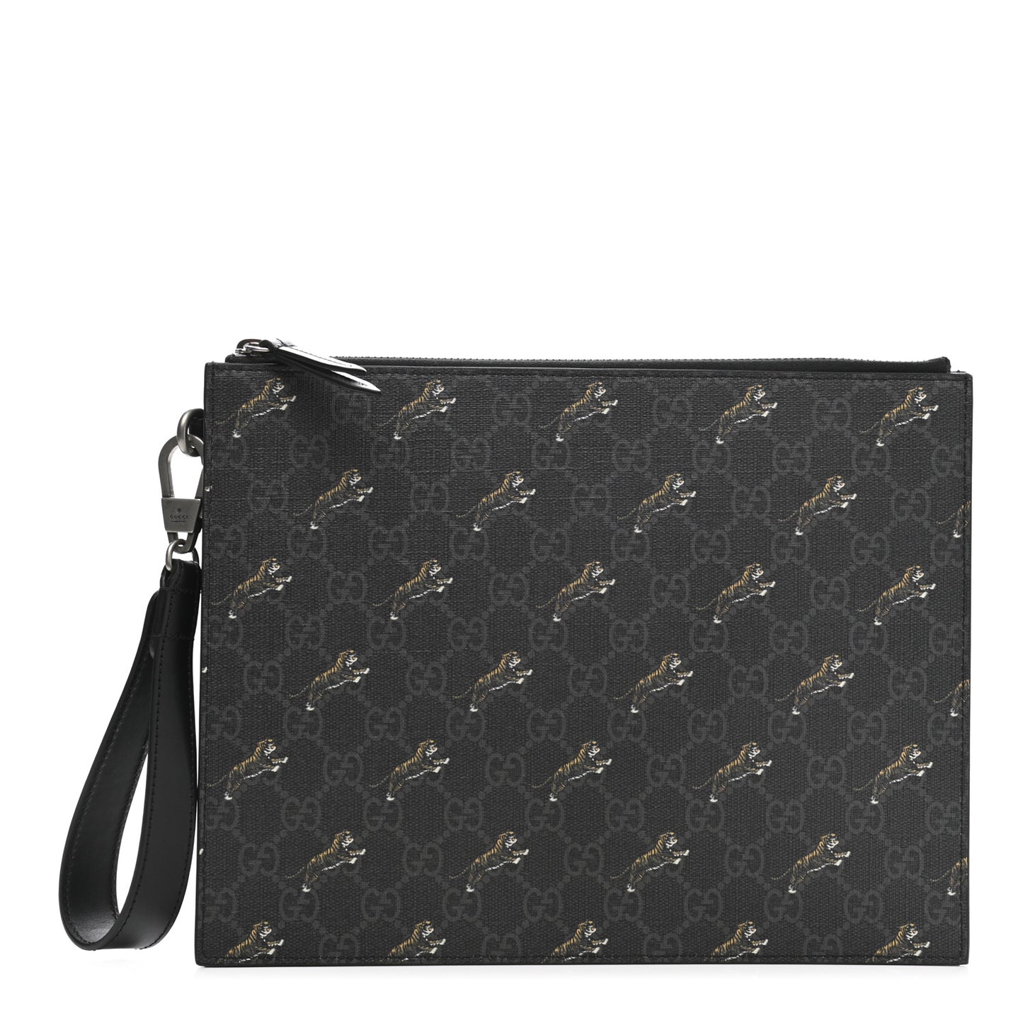 GG Supreme Monogram Tigers Zip Wristlet Pouch Black