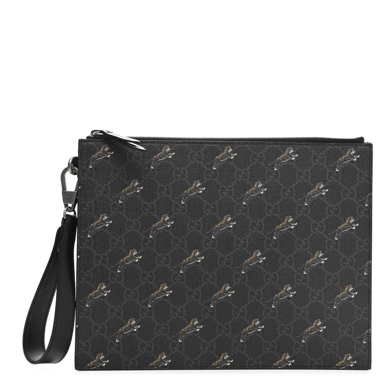 Gucci GG Supreme Monogram Tigers Zip Wristlet Pouch Black 1 of 8