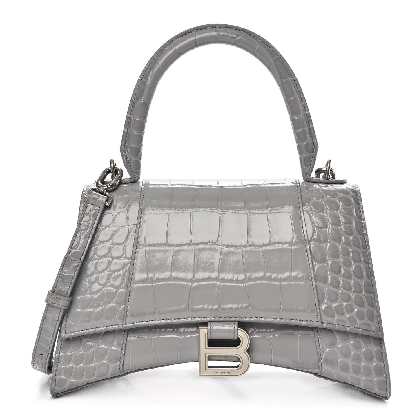 Shiny Calfskin Crocodile Embossed Small Hourglass Top Handle Bag Balenciaga Grey