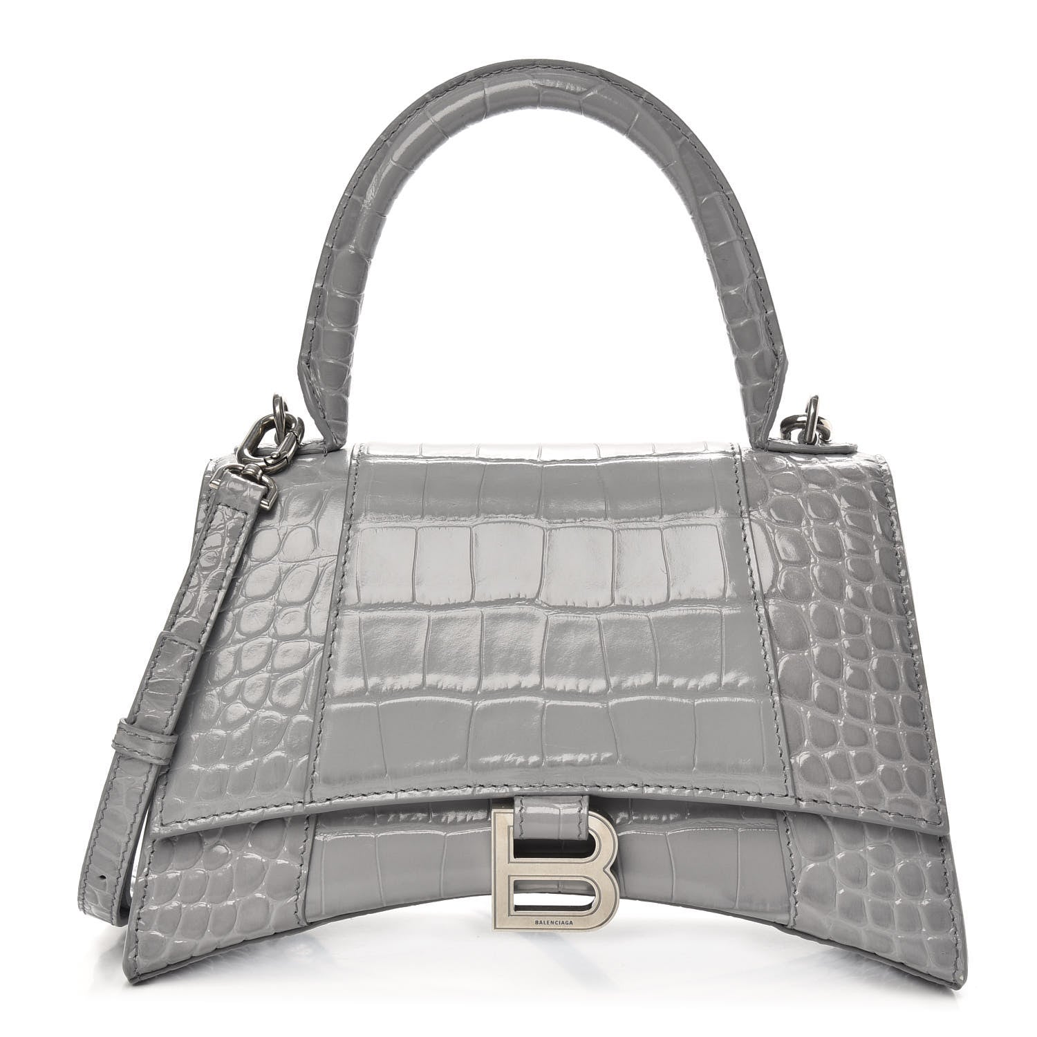 Balenciaga Shiny Calfskin Crocodile Embossed Small Hourglass Top Handle Bag Balenciaga Grey 1 of 10