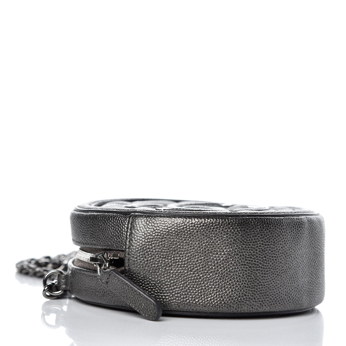 Metallic Caviar Quilted Round Filigree Crossbody Dark Silver