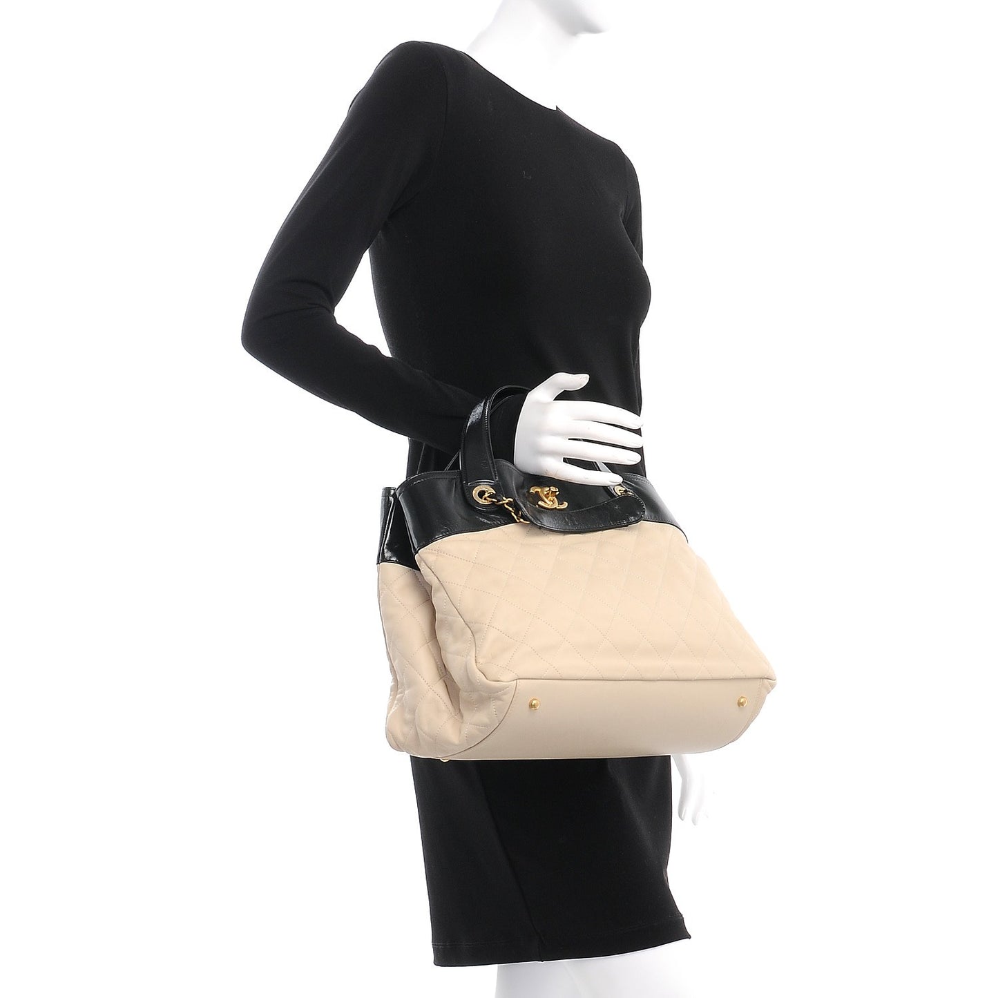 Calfskin Quilted In The Mix Shopping Tote Beige Black