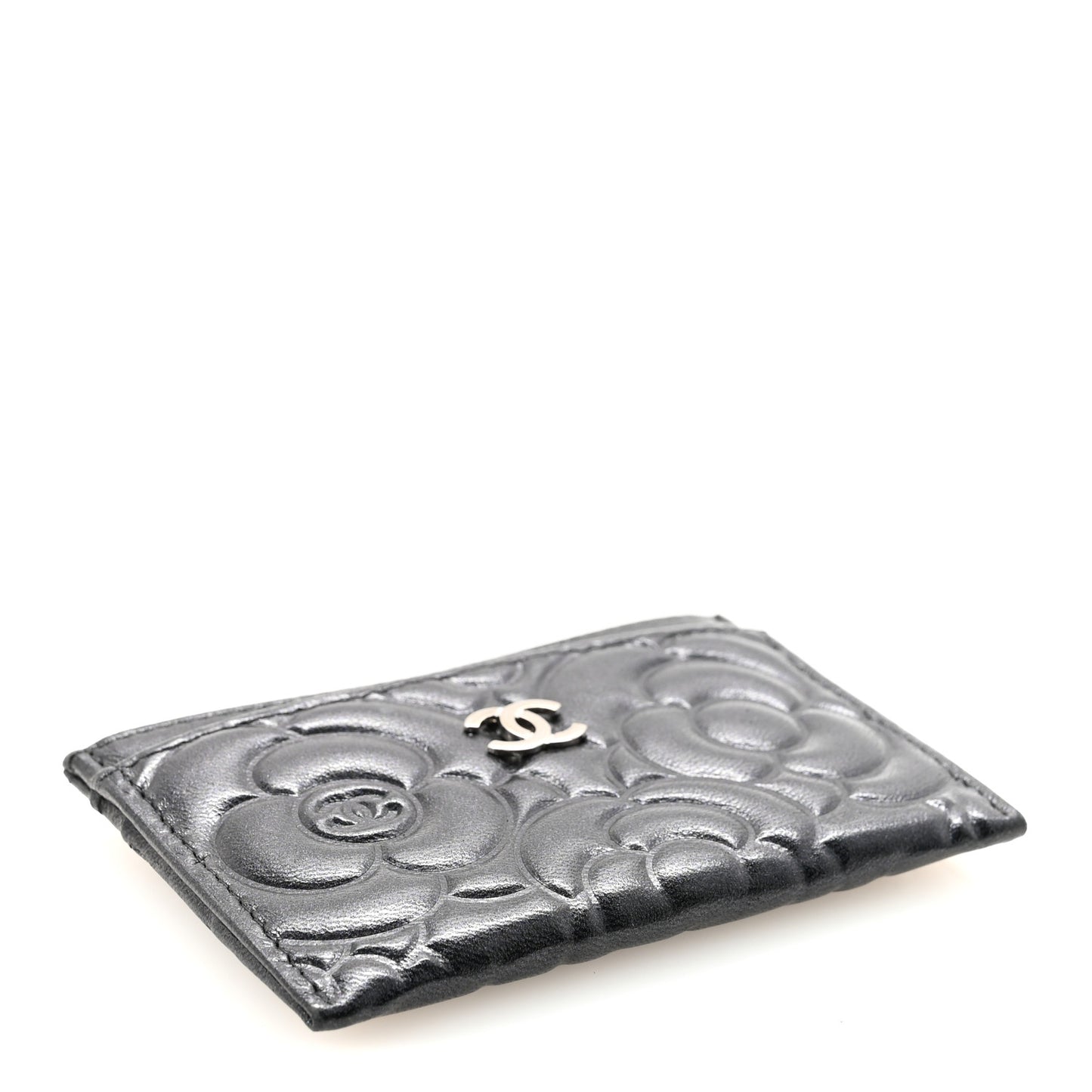 Lambskin Camellia Embossed Card Holder Black