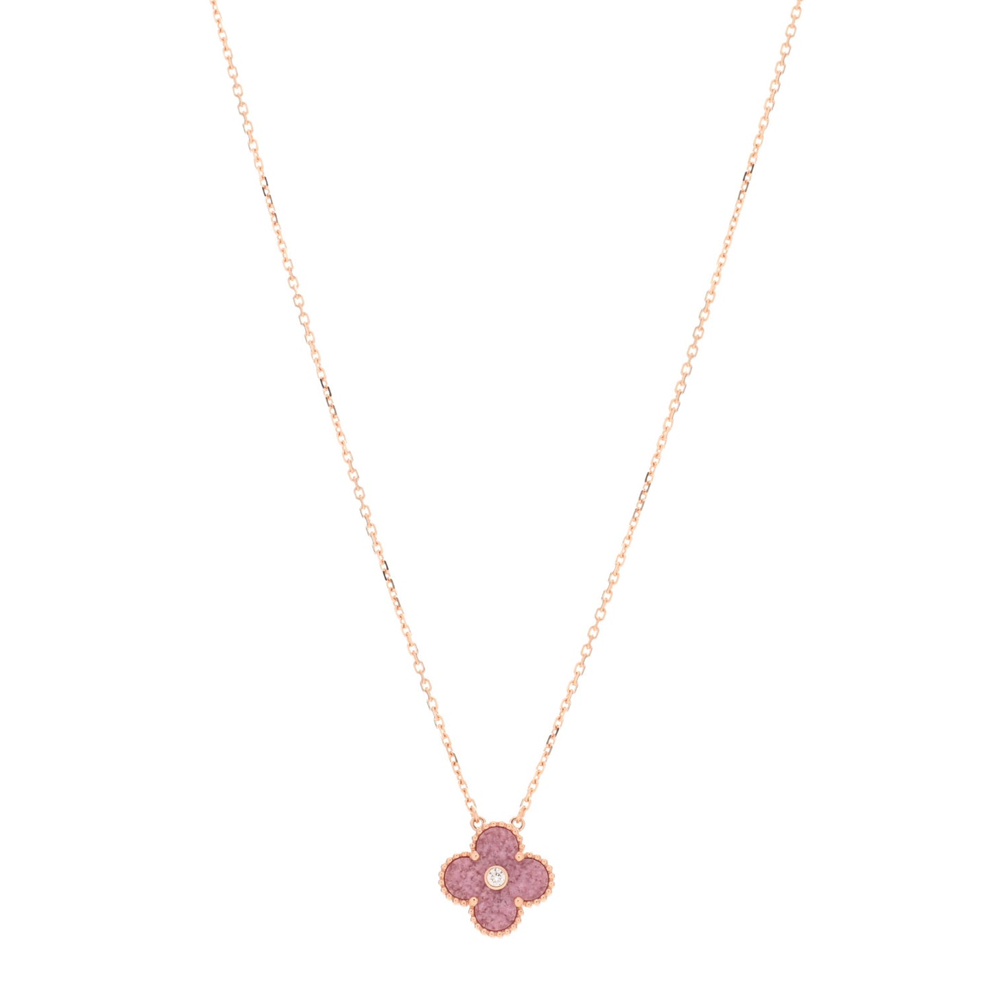 18K Rose Gold Diamond Rhodonite Vintage Alhambra Pendant Necklace