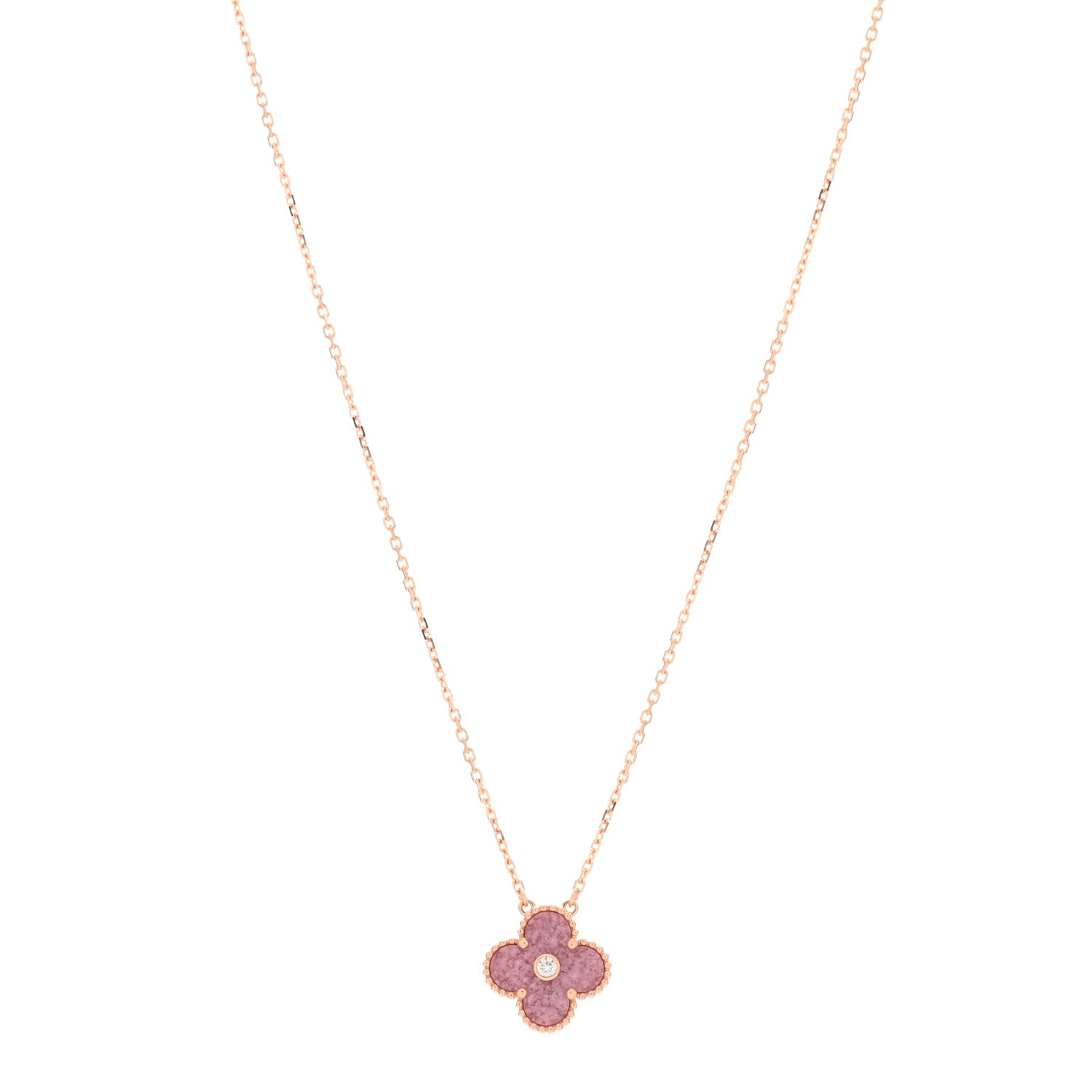 Van Cleef & Arpels 18K Rose Gold Diamond Rhodonite Vintage Alhambra Pendant Necklace 1 of 4