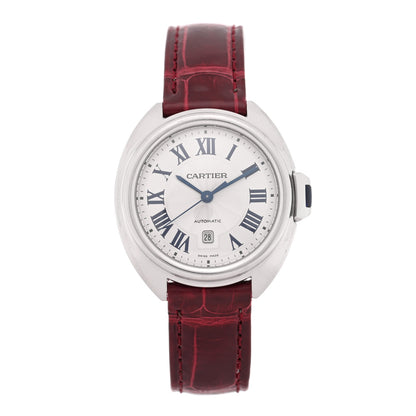 Cartier Stainless Steel Alligator 31mm Cle De Cartier Automatic Watch Burgundy 1 of 5