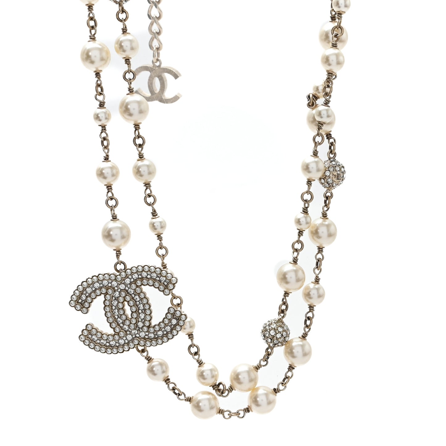 Graduated Pearl Crystal CC Long Necklace Gold Pearly White