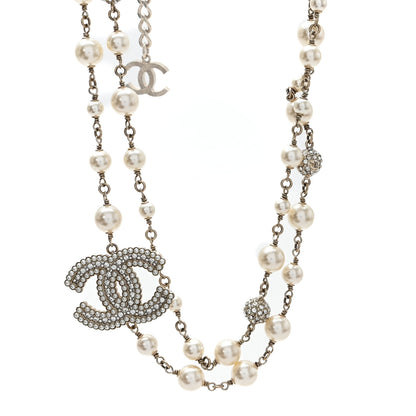 Chanel Graduated Pearl Crystal CC Long Necklace Gold Pearly White 1 of 6