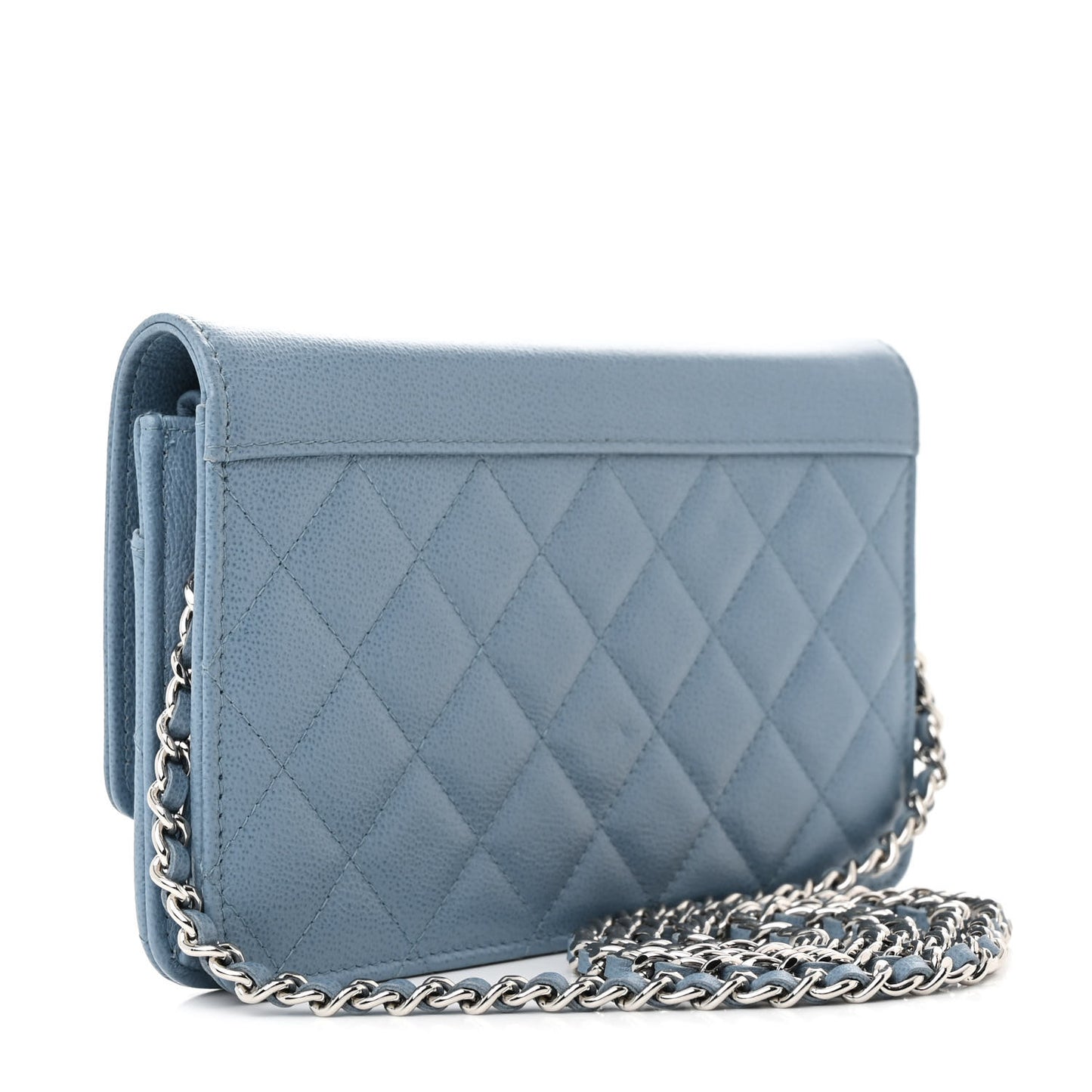 Grained Calfskin Quilted CC Box Wallet On Chain WOC Blue