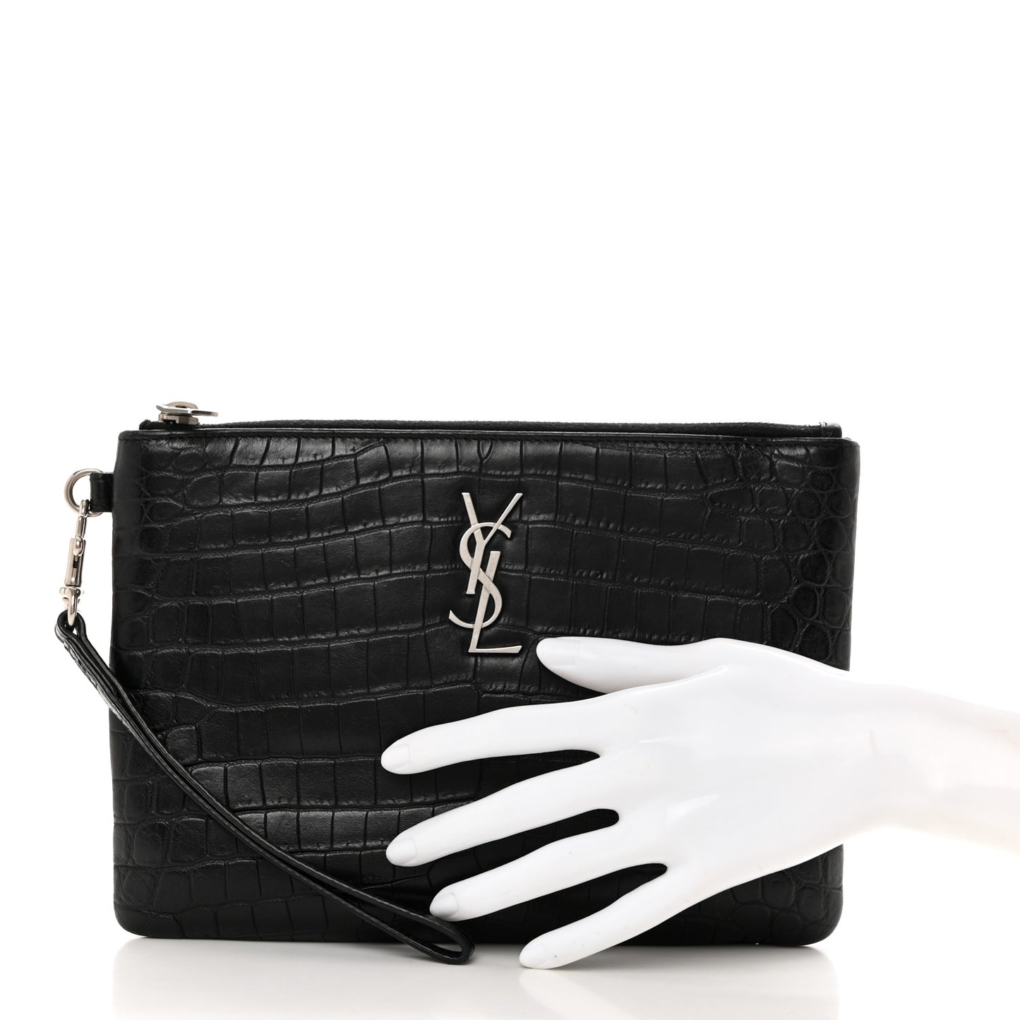 Calfskin Crocodile Embossed Monogram Zip Pouch Black