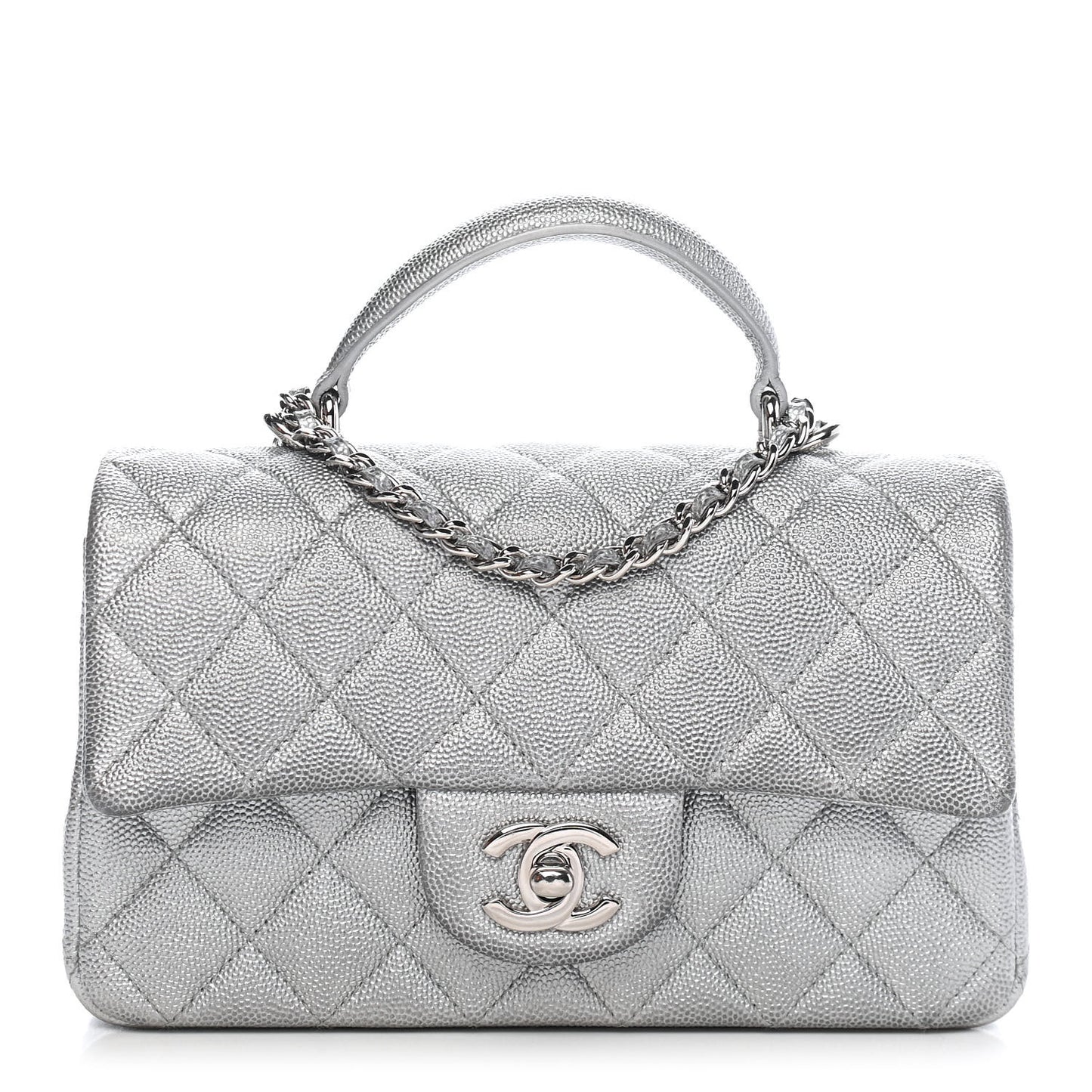 Metallic Caviar Quilted Mini Top Handle Rectangular Flap Silver