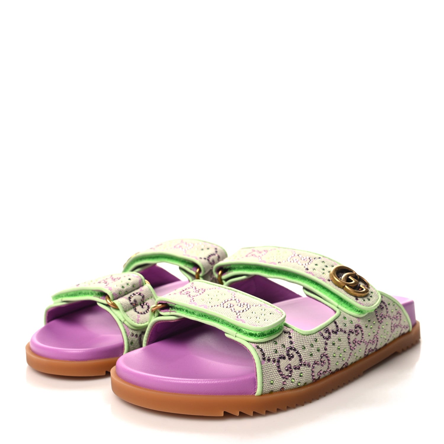 Gucci GG New Canvas Nappa Crystal Womens Slide Sandals With Straps 38.5 Purple Green 3 of 9