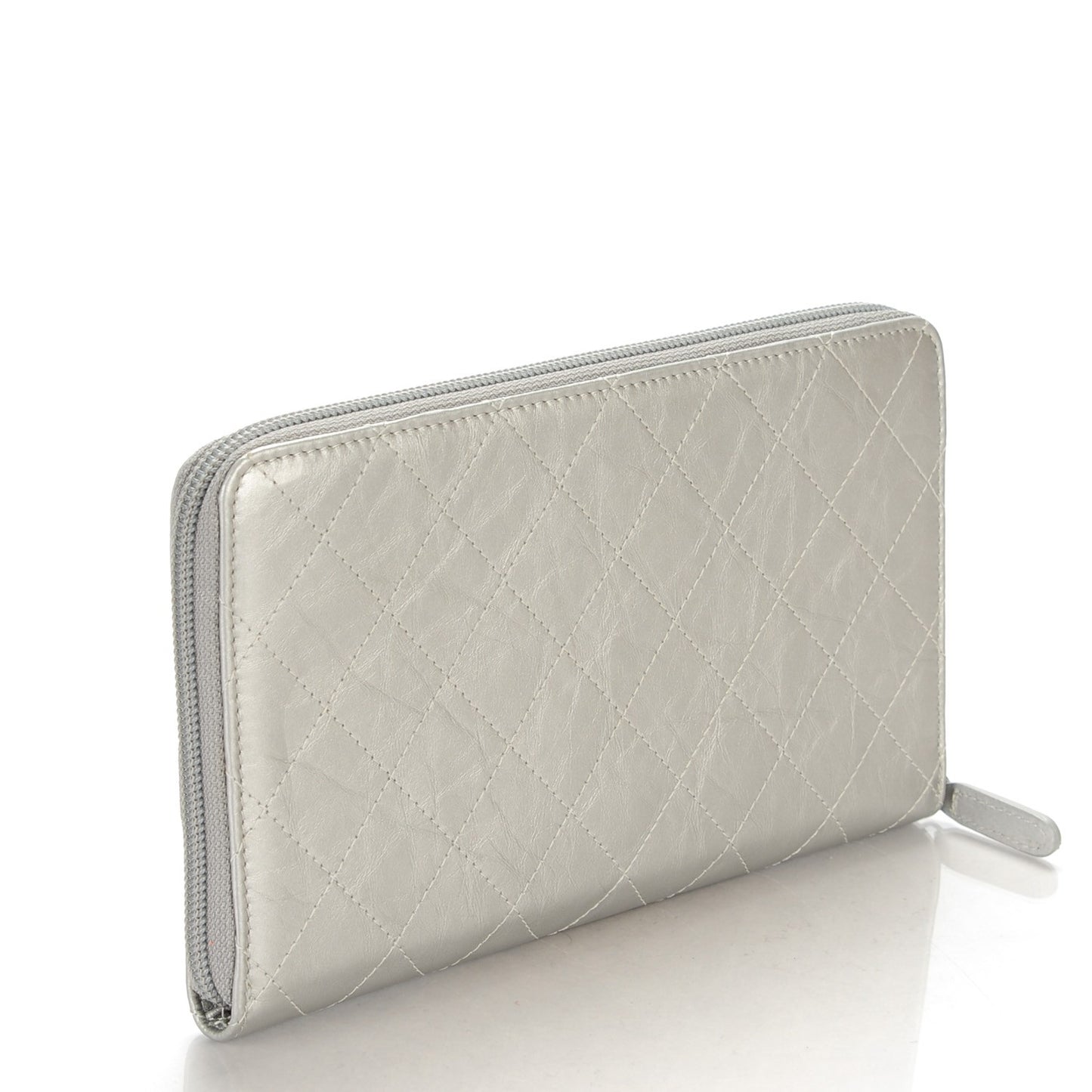 Metallic Aged Calfskin Quilted Palette Large Zip Around Organizer Wallet Silver