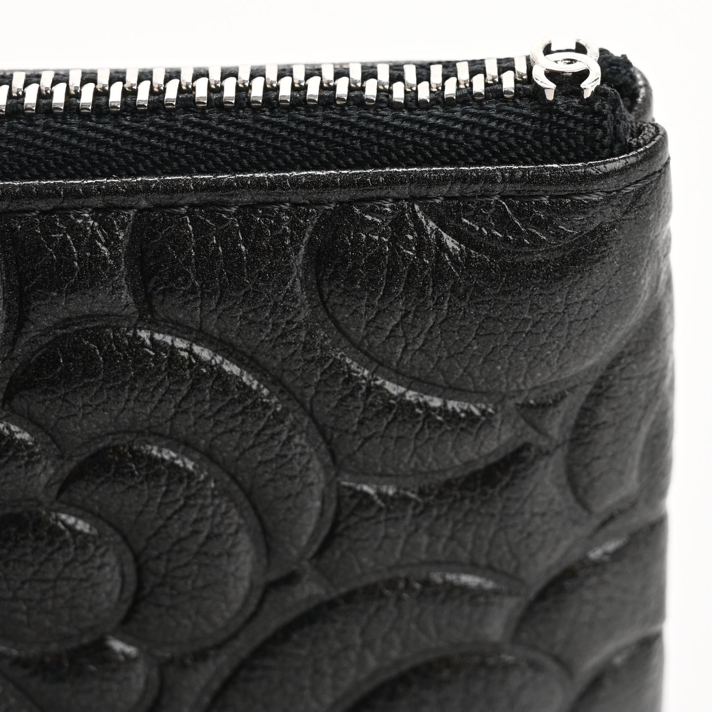 Goatskin Camellia Embossed Cosmetic Pouch Anthracite