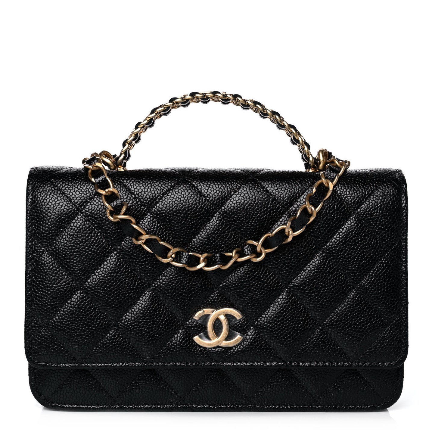 Shiny Caviar Quilted Pick Me Up Wallet On Chain WOC Black