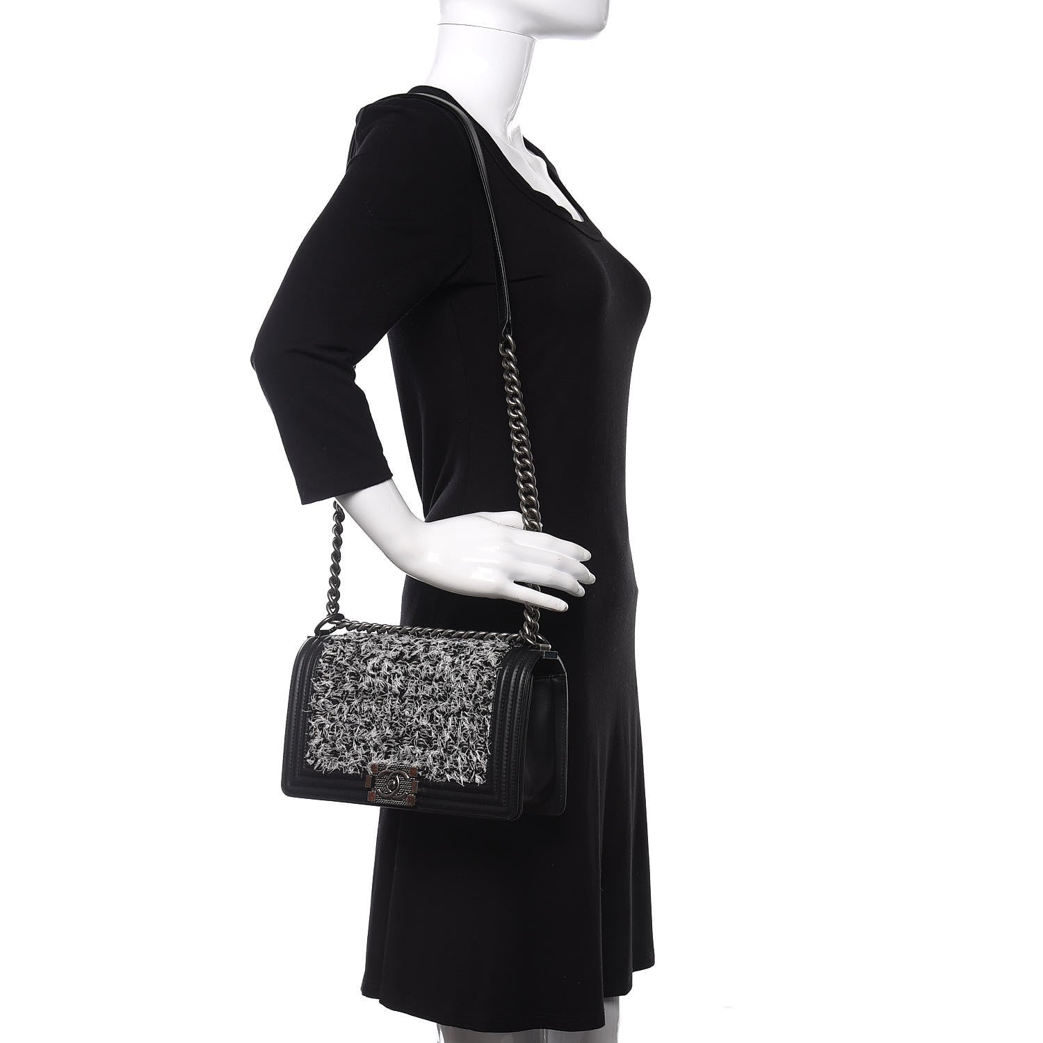 Chanel Tweed Calfskin Medium Boy Flap Black White 2 of 11