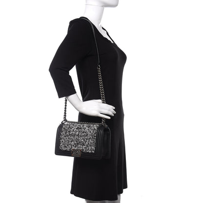 Chanel Tweed Calfskin Medium Boy Flap Black White 2 of 11