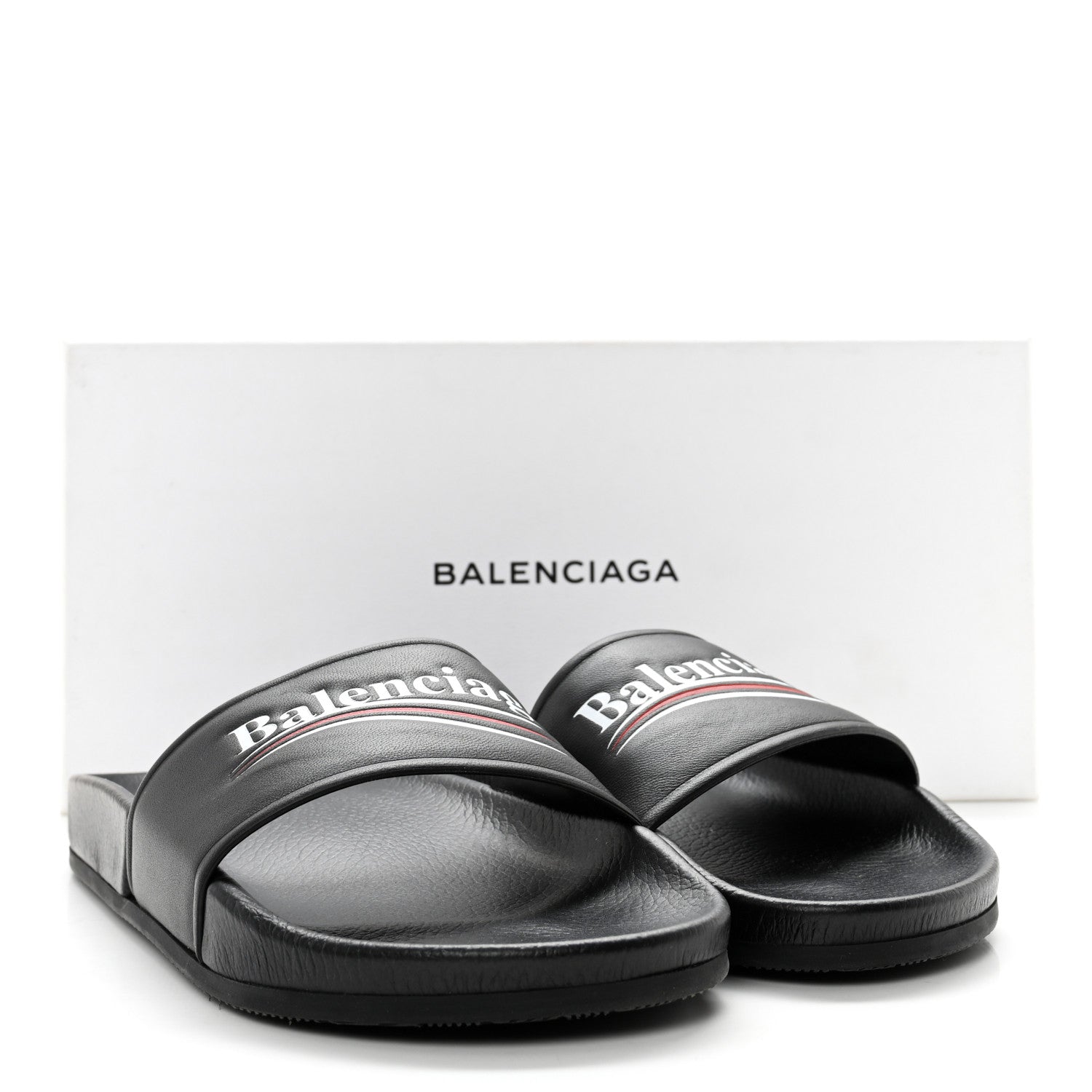 Balenciaga Nappa Political Campaign Logo Womens Pool Slide Sandals 38 Black White Vermillon 8 of 8