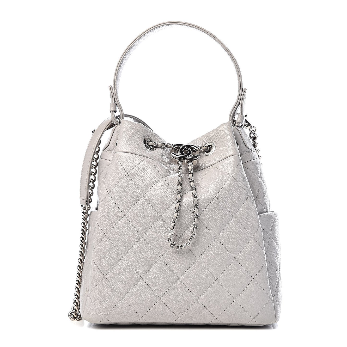 Grained Calfskin Quilted Medium CC Chain Bucket Drawstring Bag Light Grey