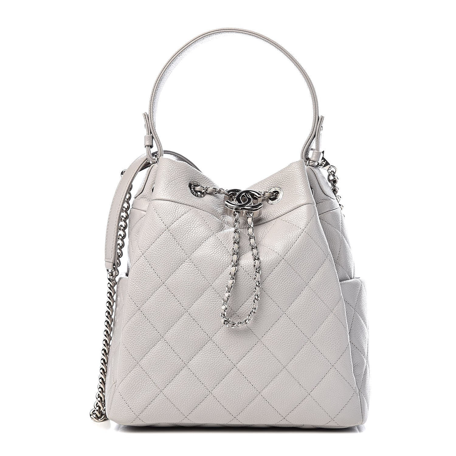 Chanel Grained Calfskin Quilted Medium CC Chain Bucket Drawstring Bag Light Grey 1 of 15