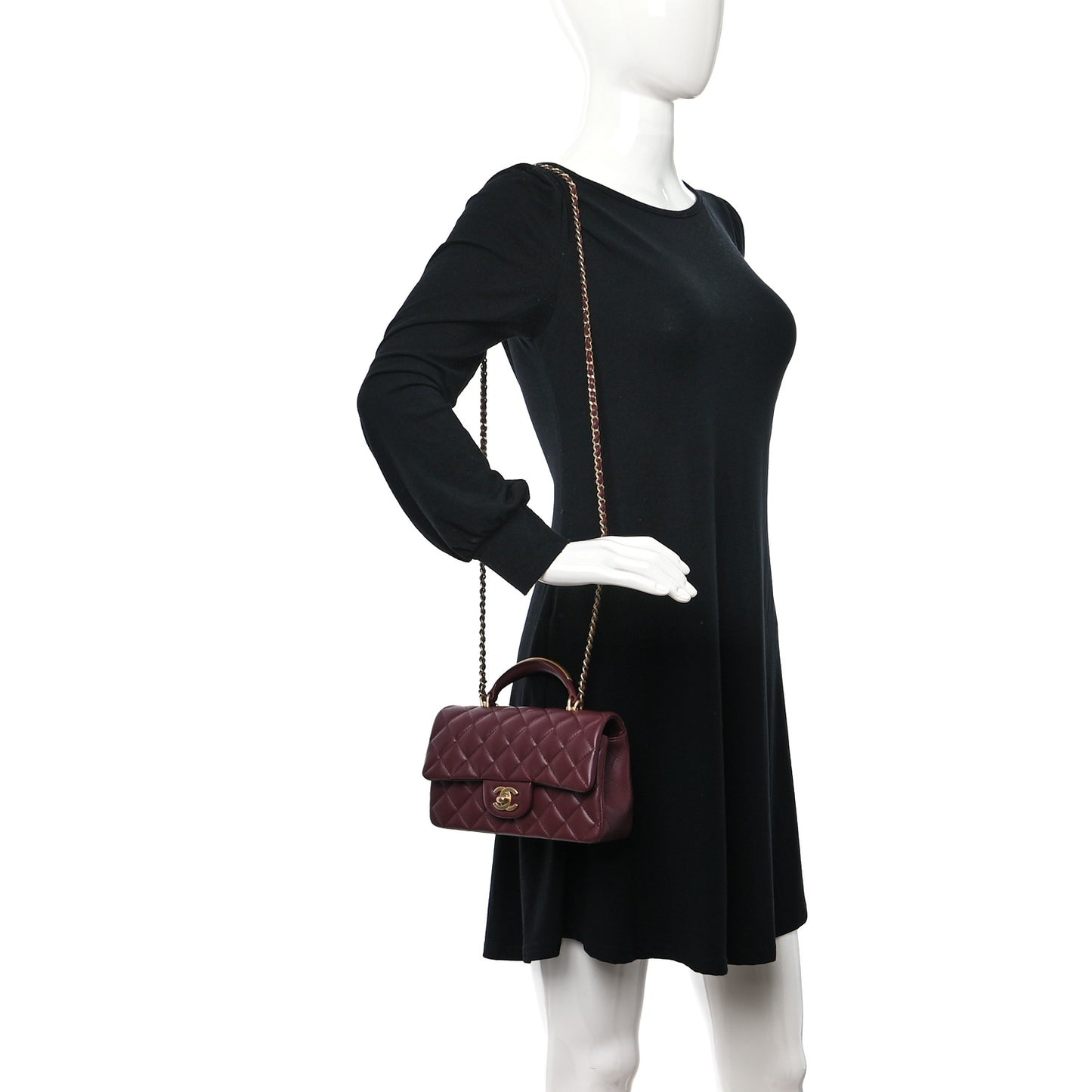 Lambskin Metal Quilted Mini Top Handle Rectangular Flap Burgundy