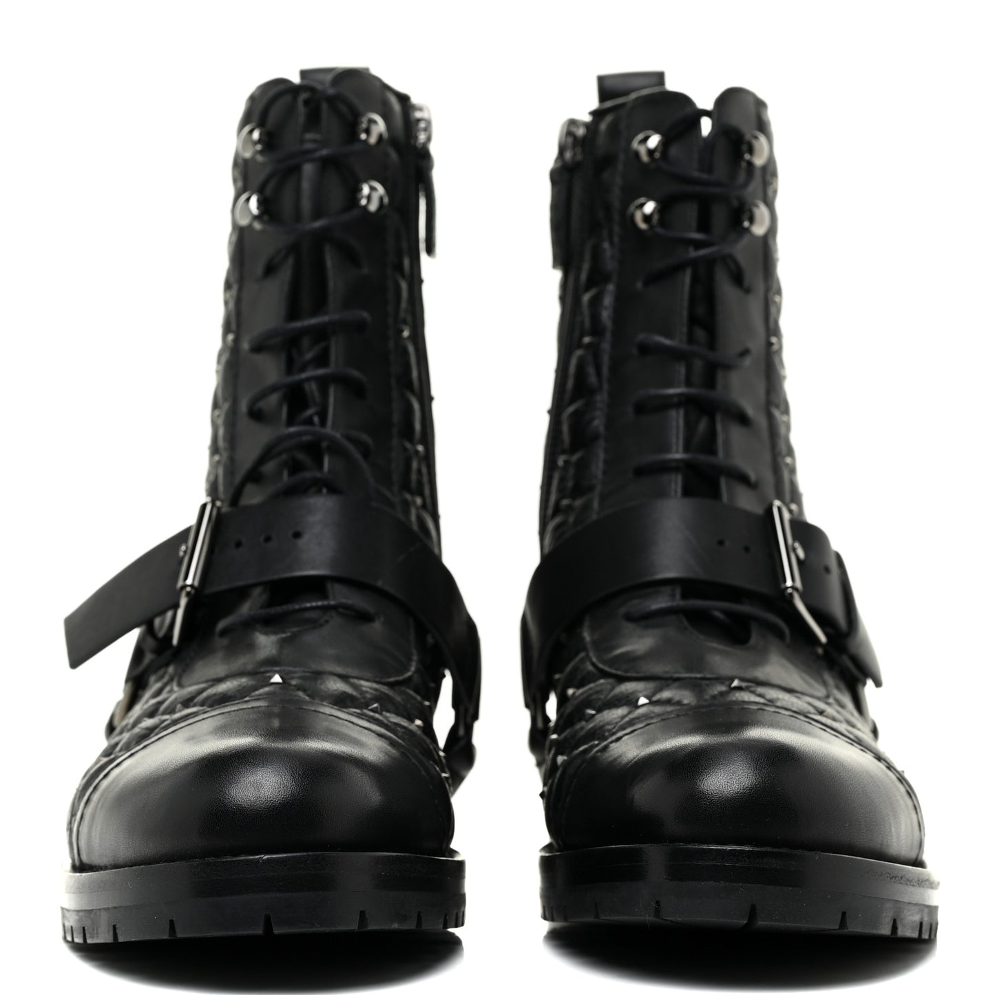 Crackled Lambskin Rockstud Spike 20mm Combat Boots 36.5 Black