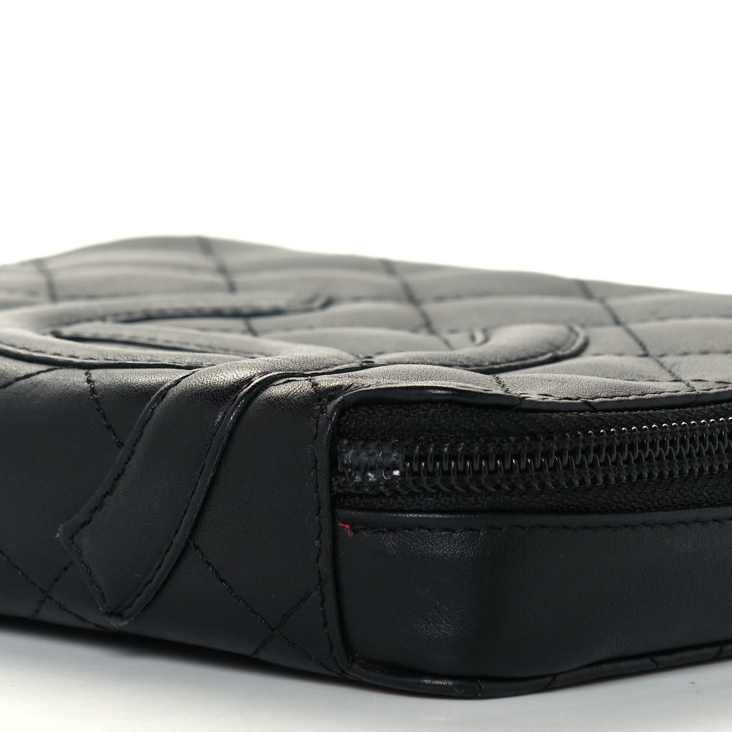 Calfskin Quilted Cambon Zip Around Cosmetic Pouch Black