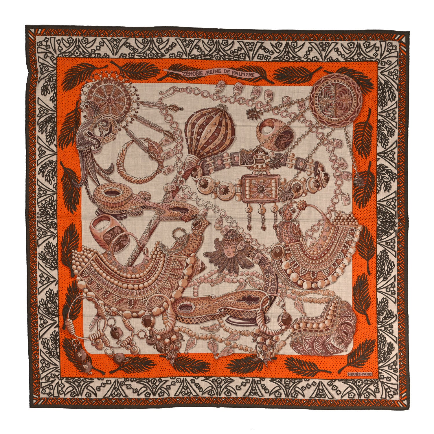 Hermes Cashmere Silk Zénobie Reine De Palmyre 140 Natural Terracotta Vert 1 of 5