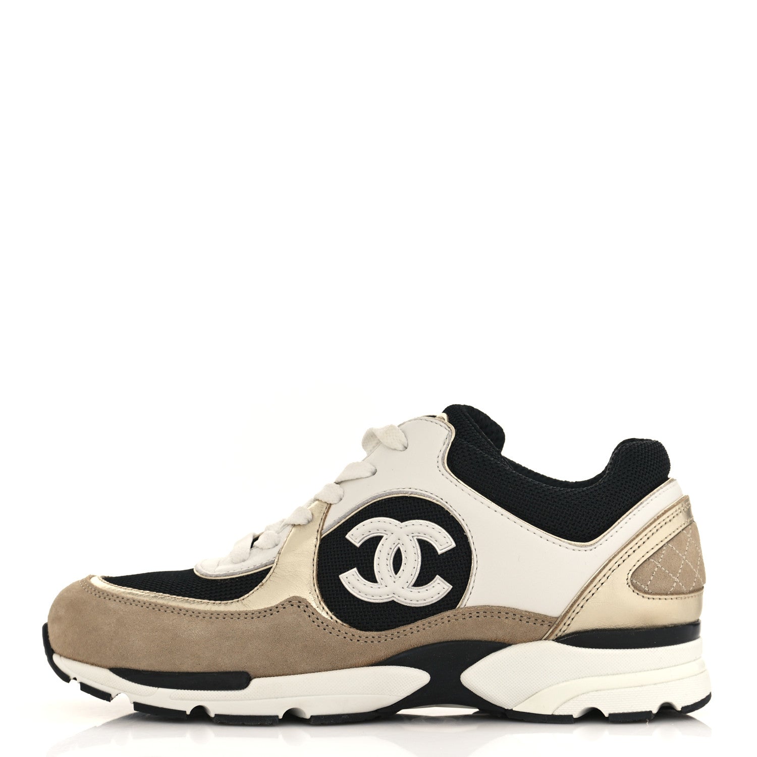 Chanel Mesh Suede Calfskin Womens CC Sneakers 38.5 White Black Beige Gold 1 of 9