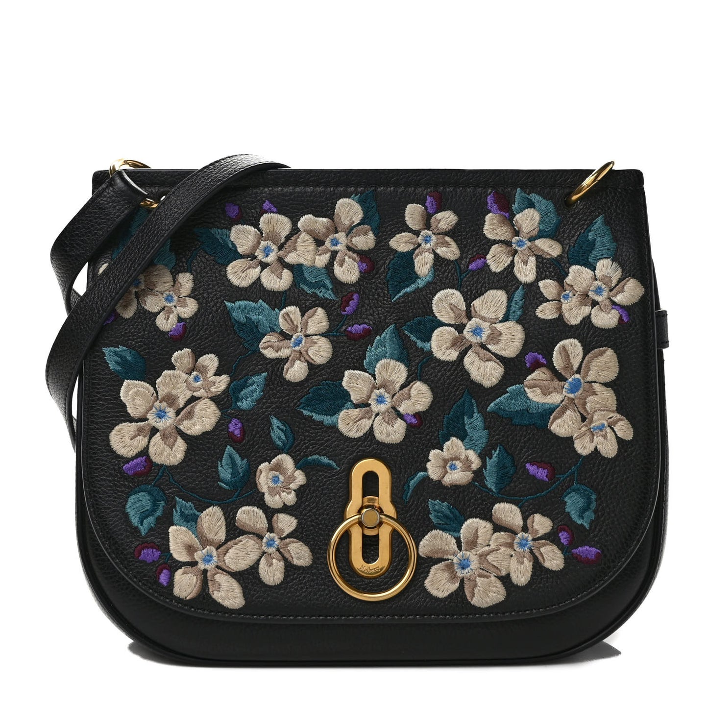 Classic Grain Calfskin Embroidered Floral Amberley Satchel Black