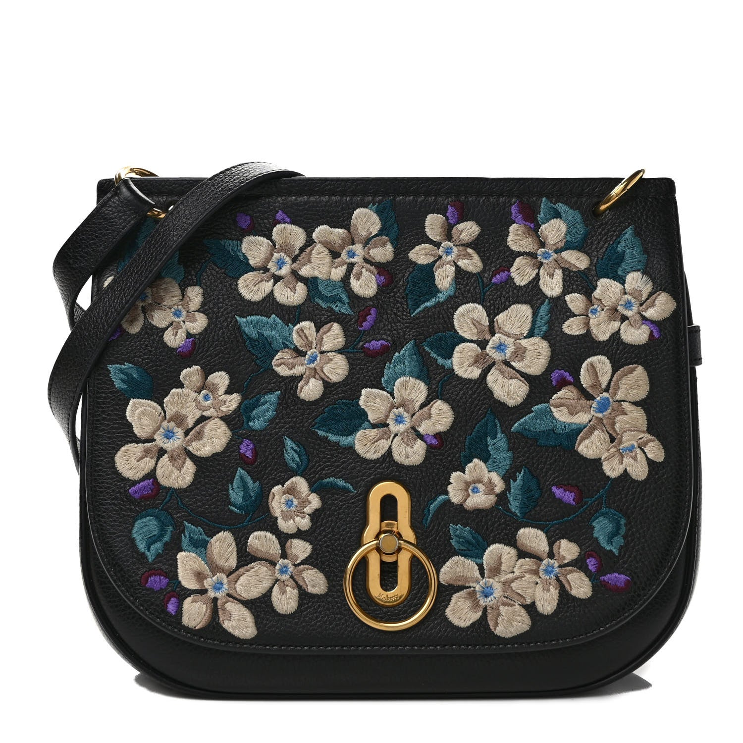 Mulberry Classic Grain Calfskin Embroidered Floral Amberley Satchel Black 1 of 9