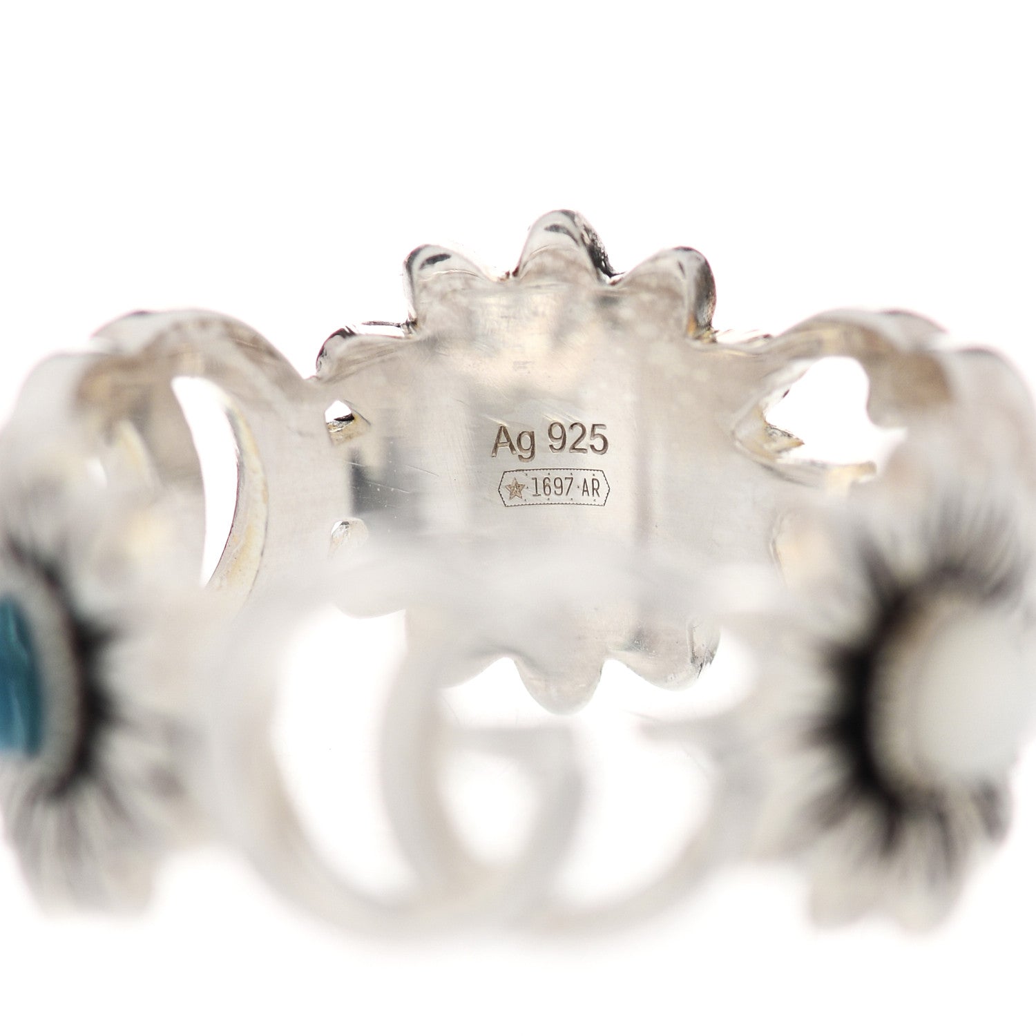 Gucci Sterling Silver Mother of Pearl Blue Topaz Flower Marmont Double G Ring 50 5.25 6 of 6