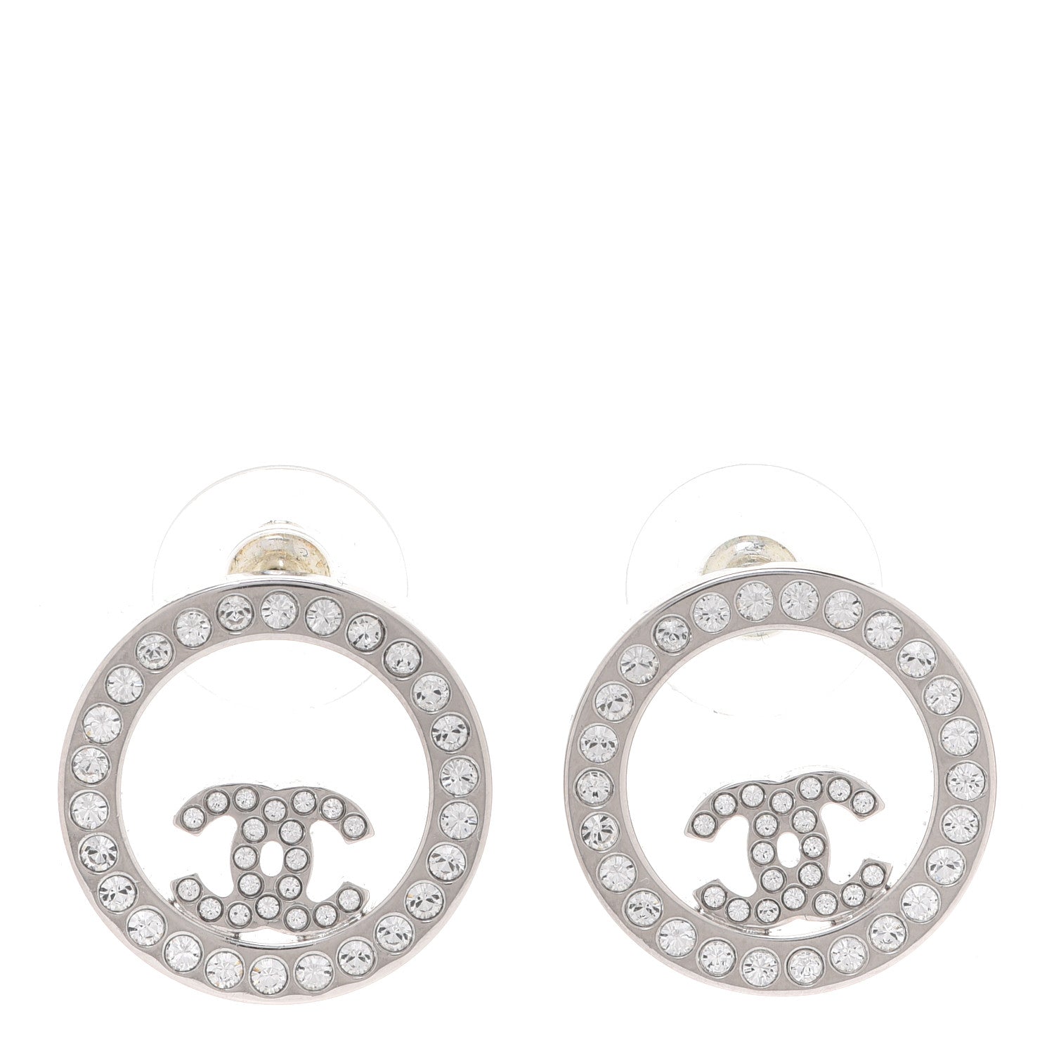 Chanel Crystal CC Round Earrings Silver 1 of 5