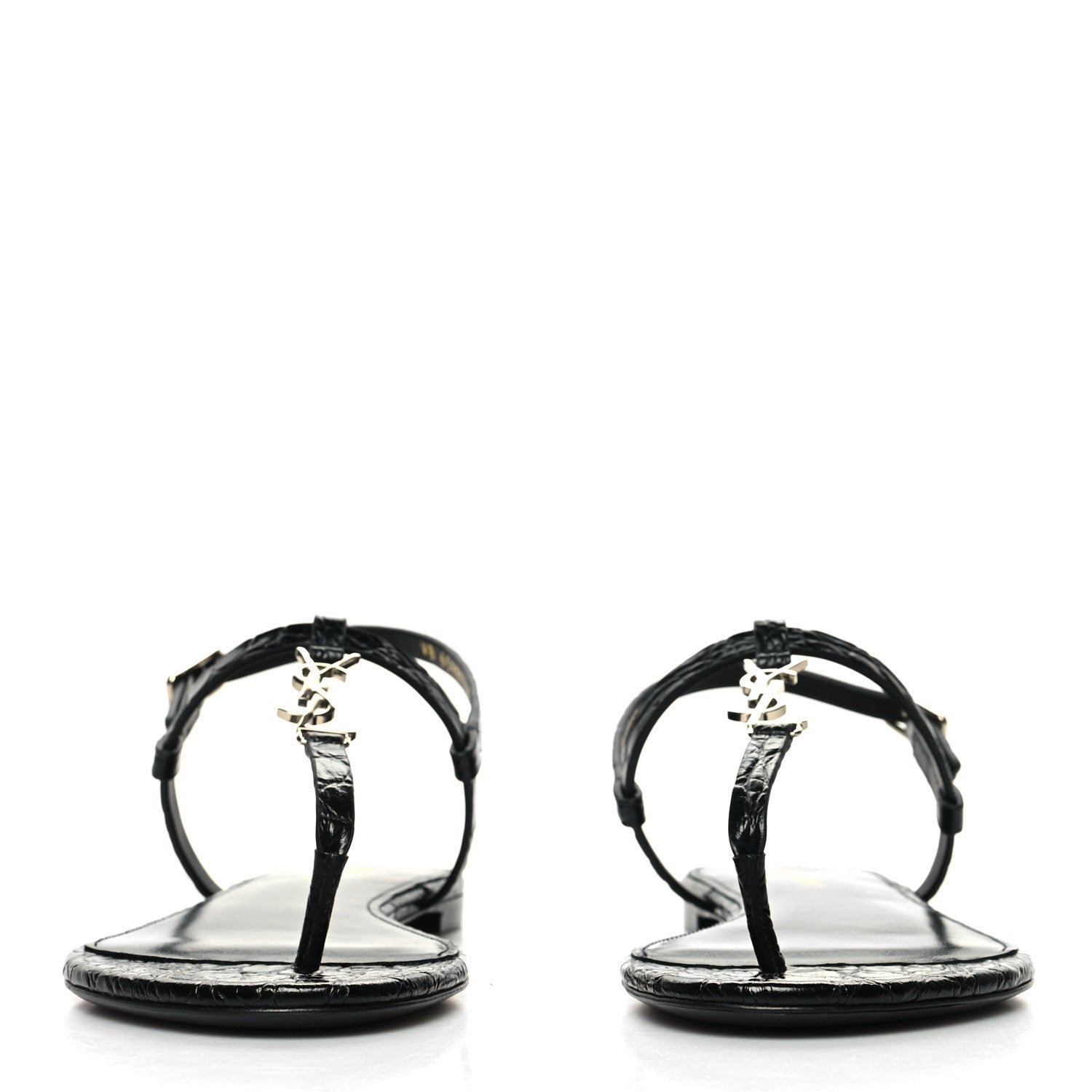 Saint Laurent Calfskin Crocodile Embossed Cassandra Monogram Sandals 38.5 Black 2 of 9