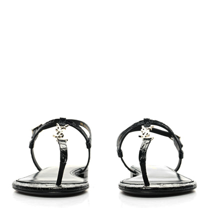 Saint Laurent Calfskin Crocodile Embossed Cassandra Monogram Sandals 38.5 Black 2 of 9