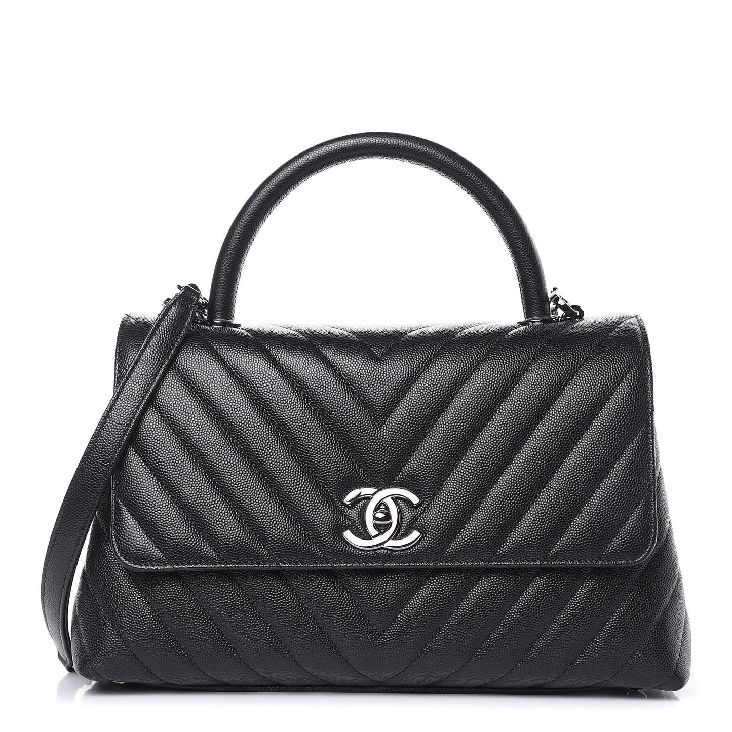Caviar Chevron Quilted Small Coco Handle Flap Black