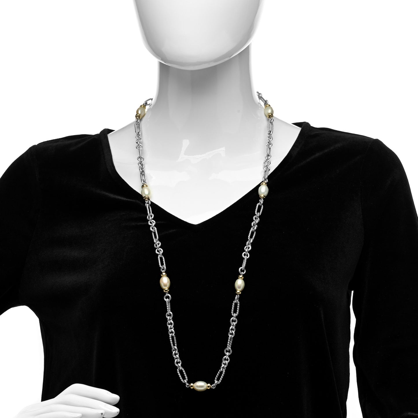 Sterling Silver 18K Yellow Gold Baroque Pearl Long Figaro Chain Necklace