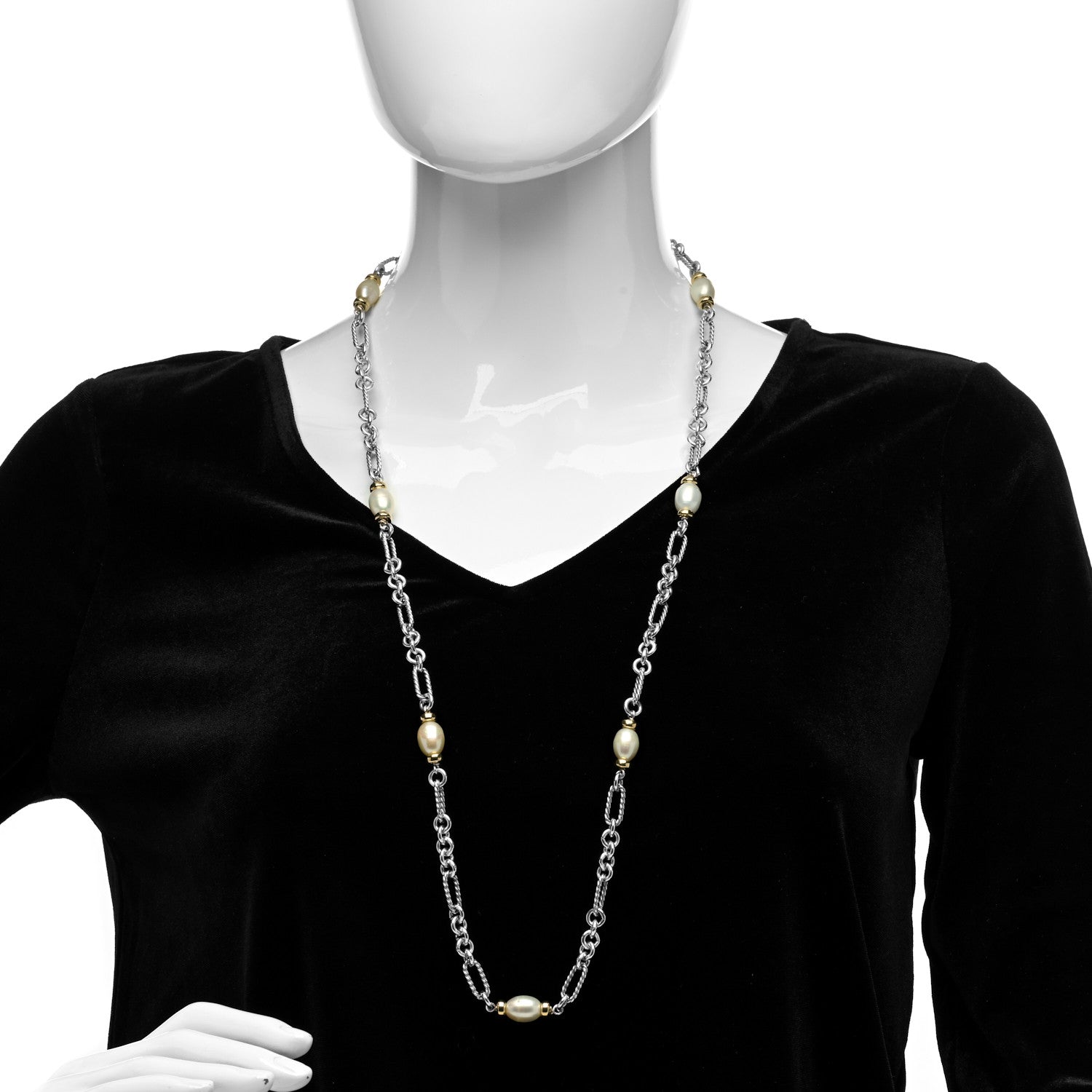 David Yurman Sterling Silver 18K Yellow Gold Baroque Pearl Long Figaro Chain Necklace 2 of 5