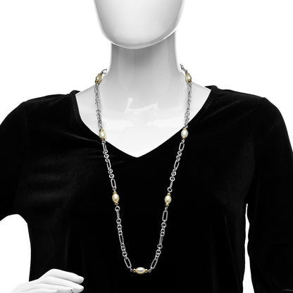 David Yurman Sterling Silver 18K Yellow Gold Baroque Pearl Long Figaro Chain Necklace 2 of 5