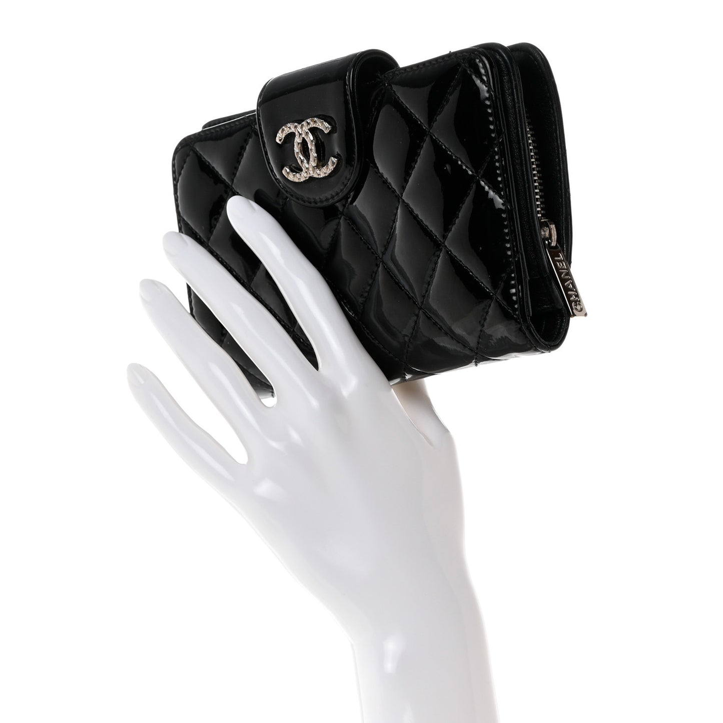 Patent Quilted Brilliant Zipped Pocket Wallet Black