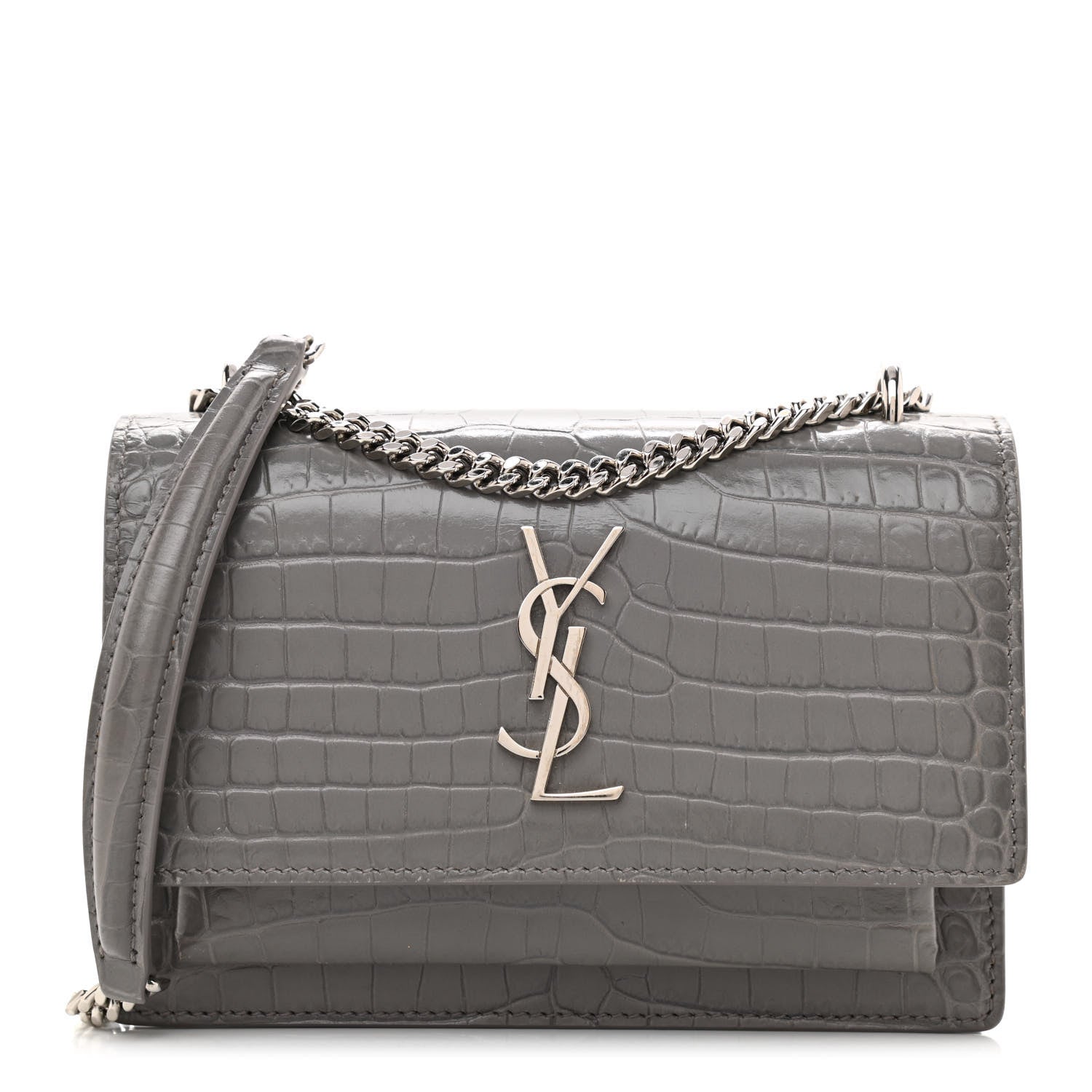 Saint Laurent Calfskin Crocodile Embossed Monogram Sunset Chain Wallet Light Grey 1 of 8