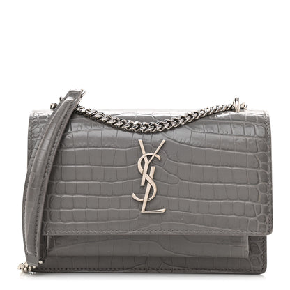 Saint Laurent Calfskin Crocodile Embossed Monogram Sunset Chain Wallet Light Grey 1 of 8