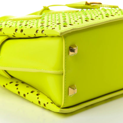 MCM Perforated Calfskin Studded Mini Milla Tote Neon Yellow 6 of 8