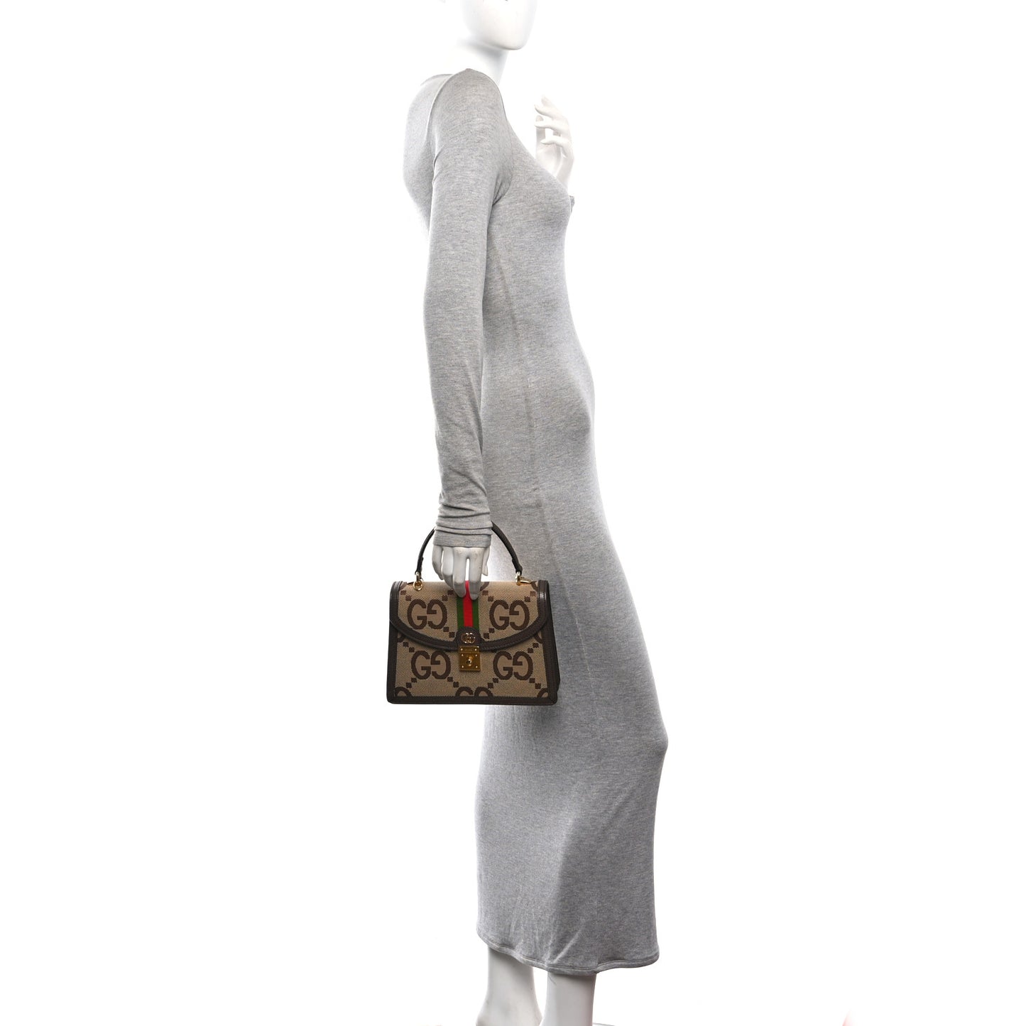 Monogram Jumbo GG Textured Dollar Calfskin Web Small Ophidia Padlock Top Handle Bag Camel Ebony New Acero