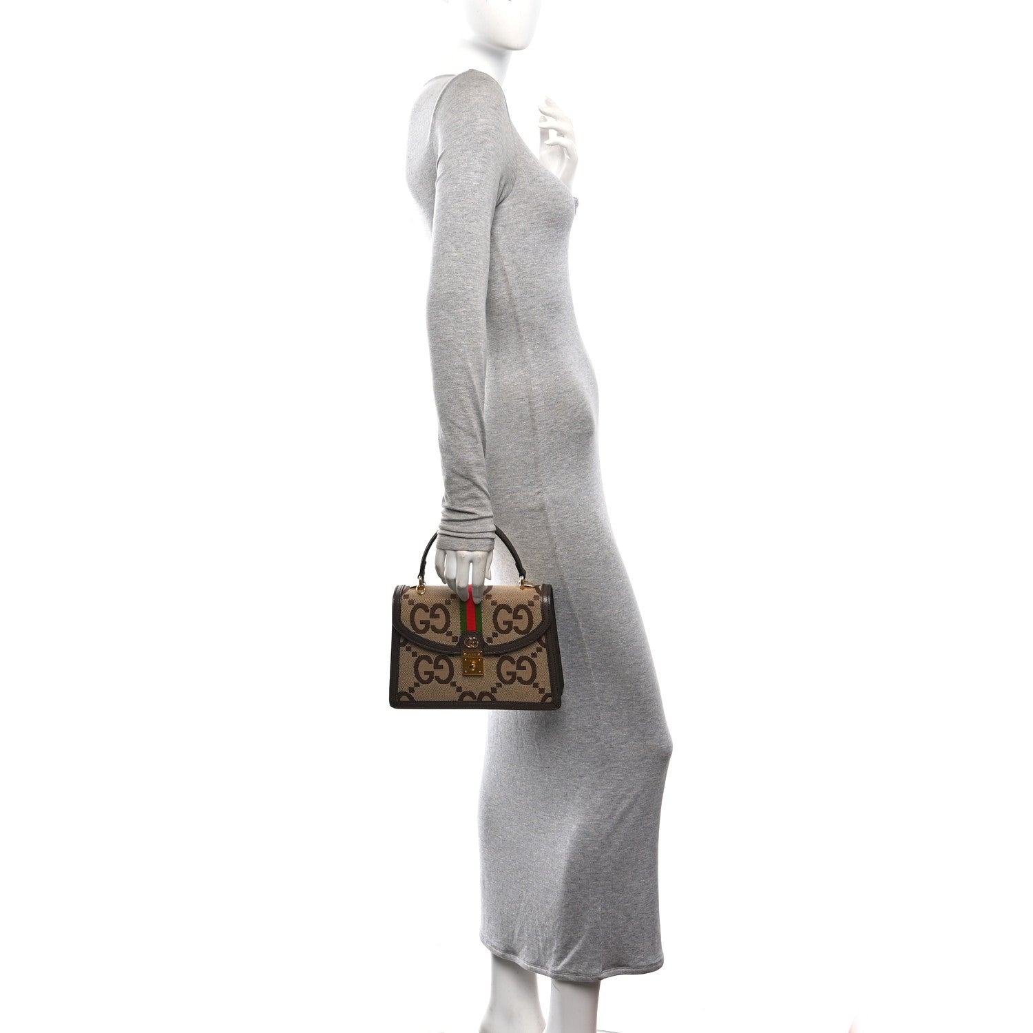 Gucci Monogram Jumbo GG Textured Dollar Calfskin Web Small Ophidia Padlock Top Handle Bag Camel Ebony New Acero 2 of 11